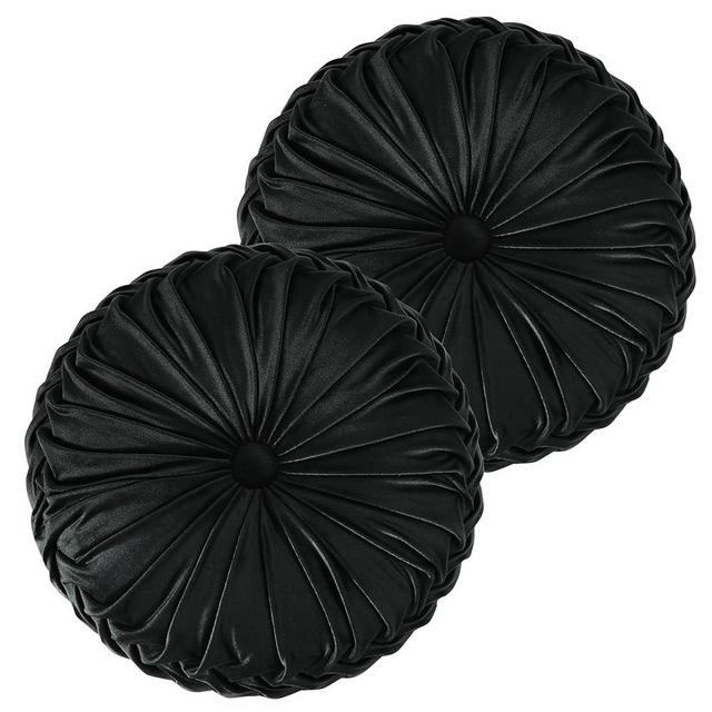 HIG Set of 2 Decorative Round Pleated Throw Pillows, Classy Accent Pumpkin Throw Pillows with Center Button, Vintage Velvet Floor Pillows for Sofa Vanity Chair Bed, Black, 14.5" Diameter(Ripple)