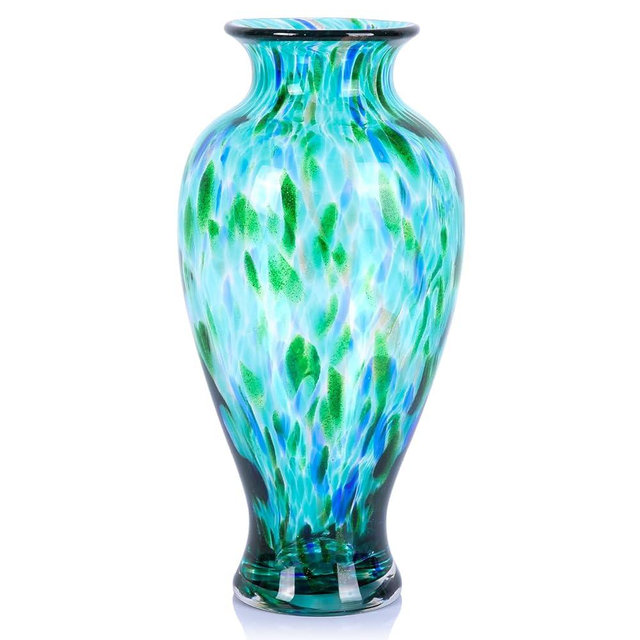 oliruim 11.8" Tall Blown Teal Glass Vase, Green Opaque Glass Vase, Unique Design Turquoise Wide Mouth Art Decoration for Home, Living Room, Dining Table, Pampas Grass Decor (Greener)