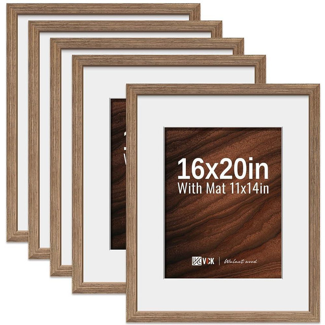 VCK 16x20 Picture Frame 5 Pack - Walnut, High-End Wood Poster Frames with Tempered Glass, Display 11x14 Photo with Mat or 16x20 without Mat, Art Gallery-Quality, Wall Hanging, Walnut