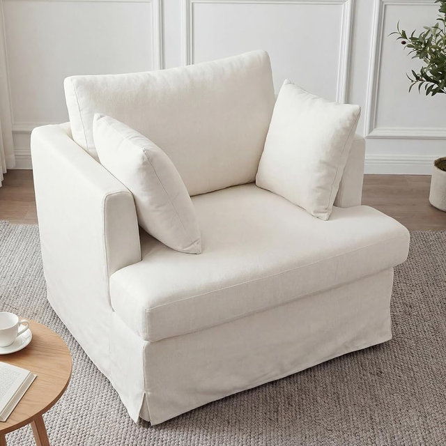 Landassy Home Coastal Oversized Accent Chair, 40.2" Upholstered Single Armchair with Removable Cover, Plush Backrest, 2 Pillows for Living Room, Chenille, Beige