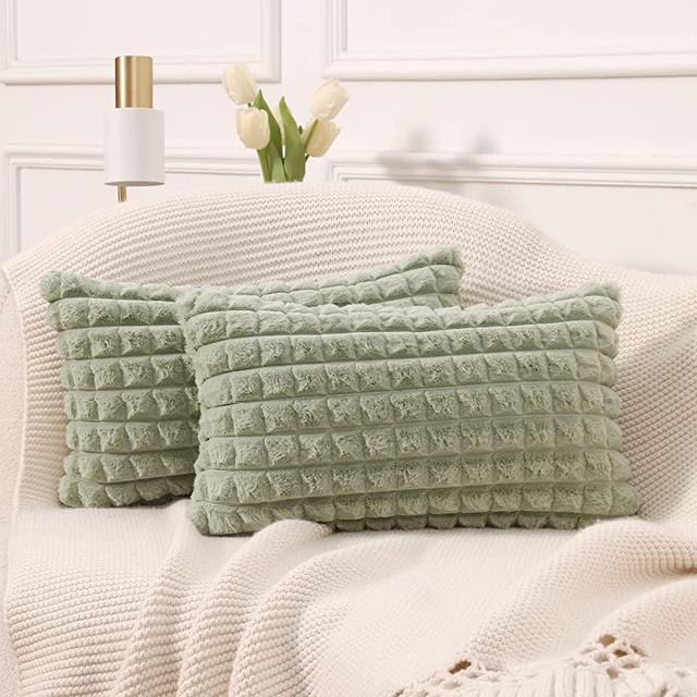 MANDIOO Set of 2 Super Soft Plush Faux Fur Lumbar Throw Pillow Covers 12x20 Inch,Plaid Texture Modern Luxury Decorative Pillow Case Coushion Cover for Sofa Couch Bed Livingroom Farmhouse,Sage Green