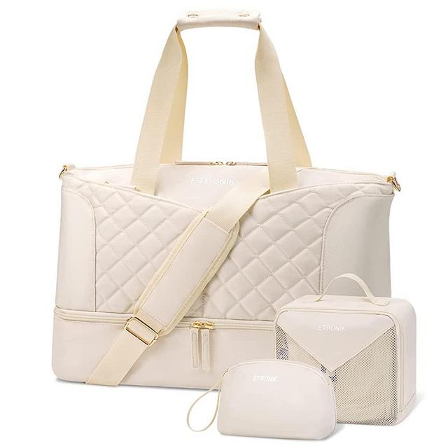 ETRONIK Weekender Bag for Women, Large Duffle Bag 3 Pcs Set, Travel Bag with Shoe Compartment, Carry on Tote Overnight Bags for Women Girls Travel Gym Business School, White