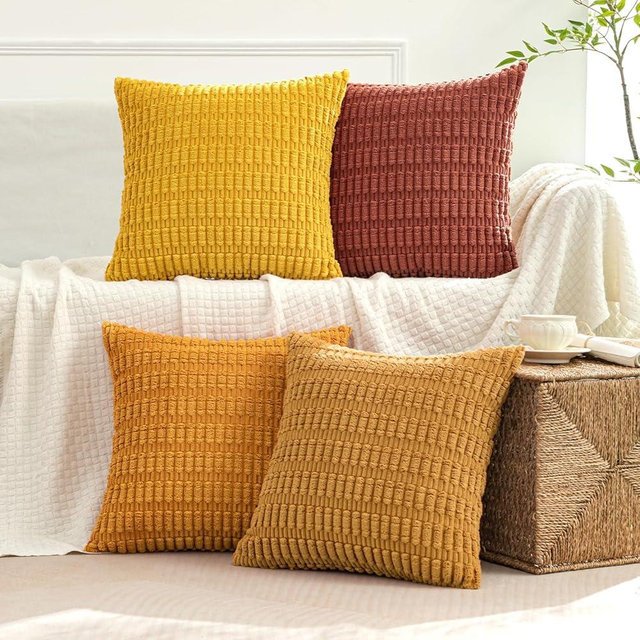 MIULEE Pack of 4 Boho Farmhouse Orange Yellow Corduroy Decorative Throw Pillow Covers 18x18 Inch Soft Striped Pillow Covers Modern Rustic Home Decor for Sofa Living Room Couch Bed