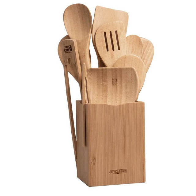 Joyce Chen 11-Piece Burnished Bamboo Cooking Utensil Set with Holder & Spoon Rest, Nonstick-Safe Spoons, Spatulas & Tongs