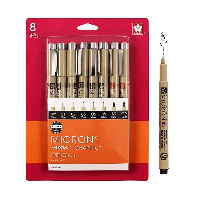 Sakura Pigma 30067 Micron Blister Card Ink Pen Set, Black, 8/Set