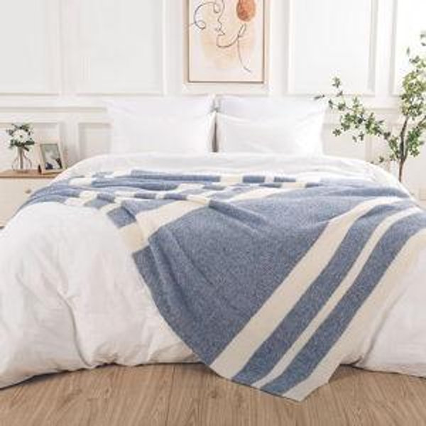 Striped Blue Fuzzy Throw Blanket