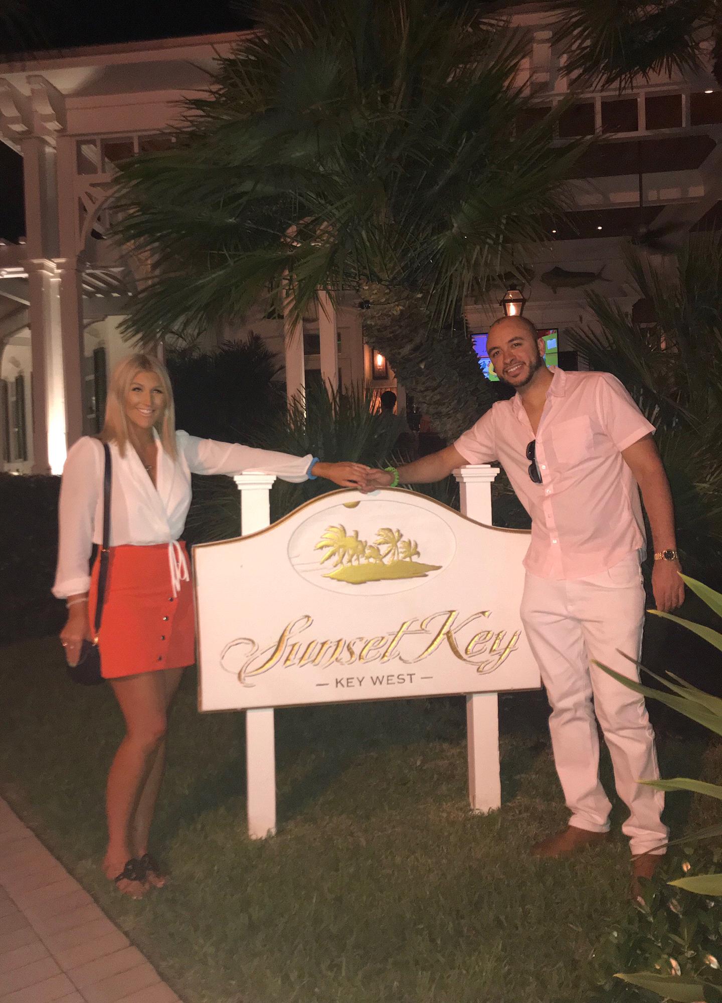 Outside of Latitude's where we got engaged. Again, the mosquito repellent wristbands making an appearance.
Sunset Key 11/18/18