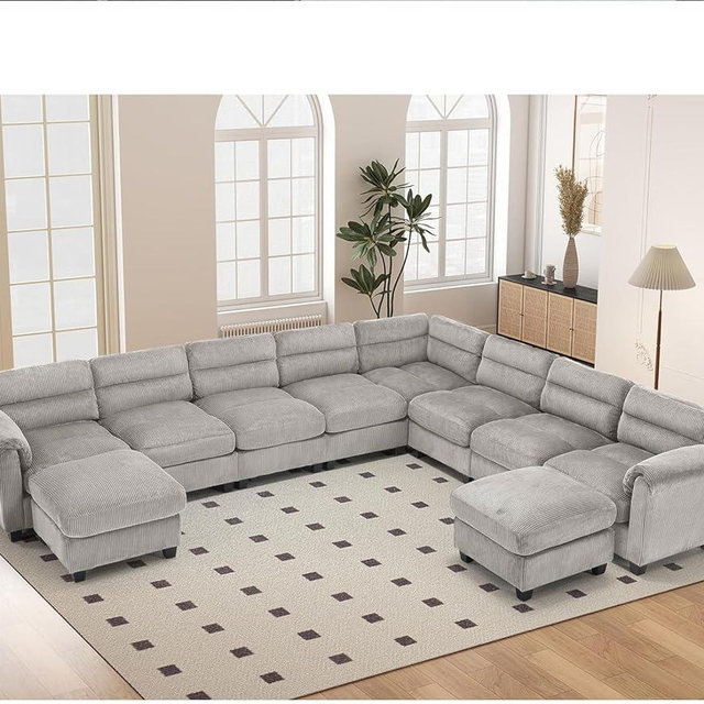 HAOMARKETS Oversized135 Modular Sectional L Shaped Corner Sofa Couch with 2 Movable Ottoman, Modern Corduroy 10-Seater Corner Couches with Rolled Arms and Thick Cushion for Living Room, Grey
