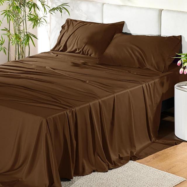 Bedsure Queen Sheets, Rayon Derived from Bamboo, Queen Cooling Sheet Set, Deep Pocket Up to 16", Breathable & Soft Bed Sheets, Hotel Luxury Silky Bedding Sheets & Pillowcases, Brown