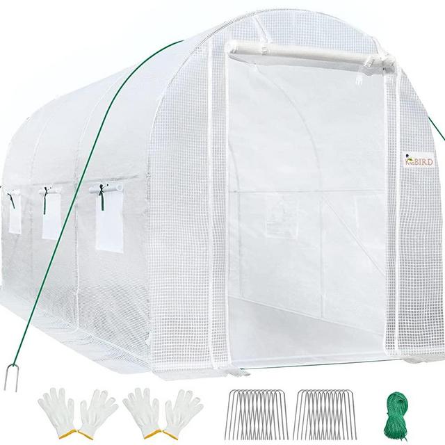 KING BIRD Upgraded 10x6.6x6.6FT Large Walk-in Greenhouse Heavy Duty Galvanized Steel Frame 2 Zippered Screen Doors 6 Screen Windows Tunnel Garden Plant Hot Green House 18 Stakes 4 Ropes 2 Gloves White