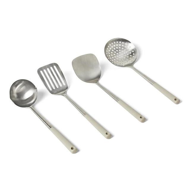 Amazon Basics Stainless Steel Cooking Spoon and Ladle Set, 4-Piece Set, Soft Grip Handle, Dishwasher-Safe, Linen Gray