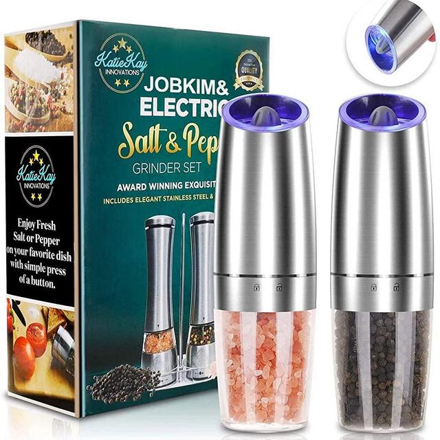 Electric Gravity Pepper Grinder set of 2, Automatic Salt and Pepper Mill Grinder, Adjustable Roughness, Battery Powered, Blue LED Light, Stainless Steel with One Hand Operation (Sliver 2 pack)