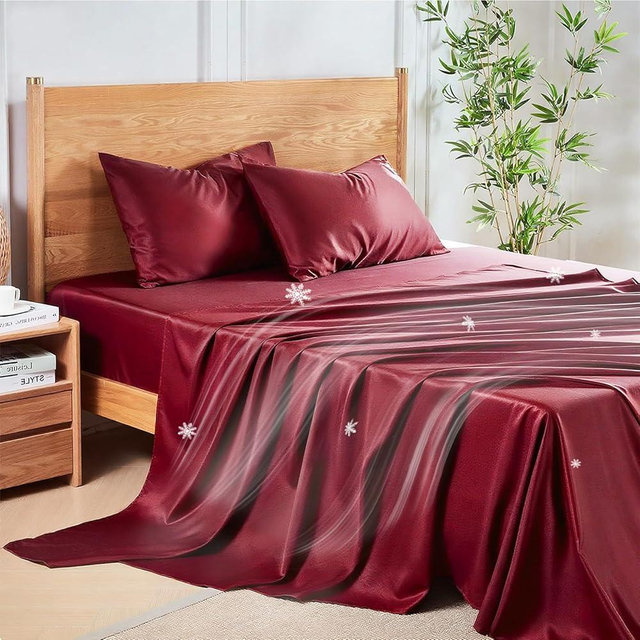 MR&HM King Size Sheets Set, 4-Piece Cooling Sheets, Rayon Derived from Bamboo & Polyester Blend, Soft & Silky, 15" Deep Pockets with Elastic Straps, Hotel Luxury for Hot Sleepers, Burgundy
