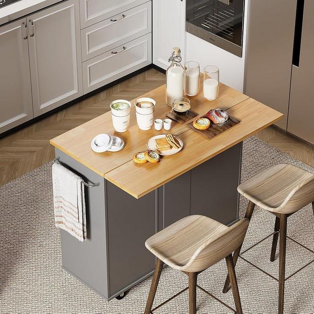 Shintenchi Rolling Kitchen Island Cart with Folding Drop Leaf Breakfast Bar, Portable Trolley Island with Large Storage Cabinet, Shelf and Drawer, Gray