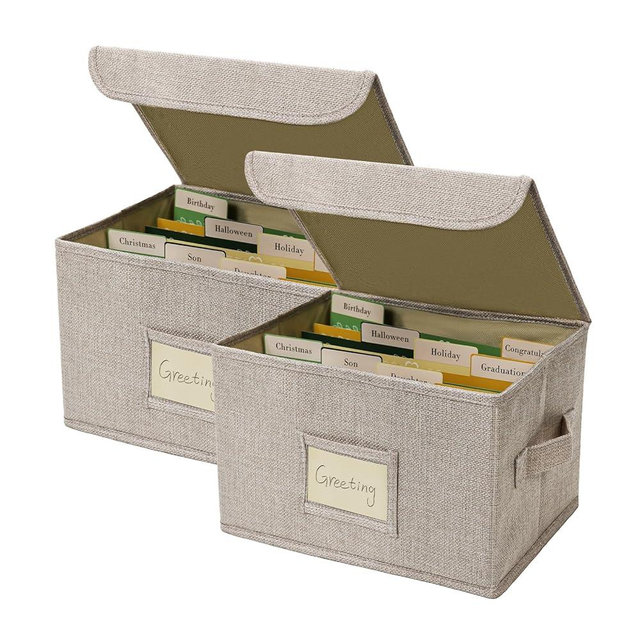 Vienrose Greeting Card Organizer Storage Box with 20 Removable Dividers, 84 Self-stick Labels, Perfect for Photos, Envelopes, Scrapbooking, Paper, Stickers Holder 2 Pack Beige