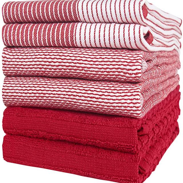 Premium Kitchen Towels (20”x 28”, 6 Pack) – Large Cotton Kitchen Hand Towels – Flat & Terry Towel – Highly Absorbent Tea Towels Set with Hanging Loop (Red)