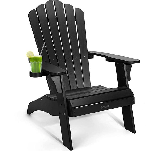 Cecarol Oversized Adirondack Chair with 385lbs Duty Rating, 38L 31.5W 41.5H, 2 Cup Holders, Poly Lumber Lounge Chair, Outdoor Chair for Patio Poolside Garden- Black