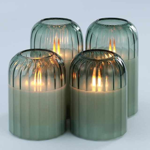 Lezonic Glass Flameless Candles Battery Operated with Remote, Dancing Flame LED Flickering Flameless Pillar Candles, Set of 4 Real Wax Fall Decorations for Home, H: 4" 4" 5" 5"(Pumpkin Green)