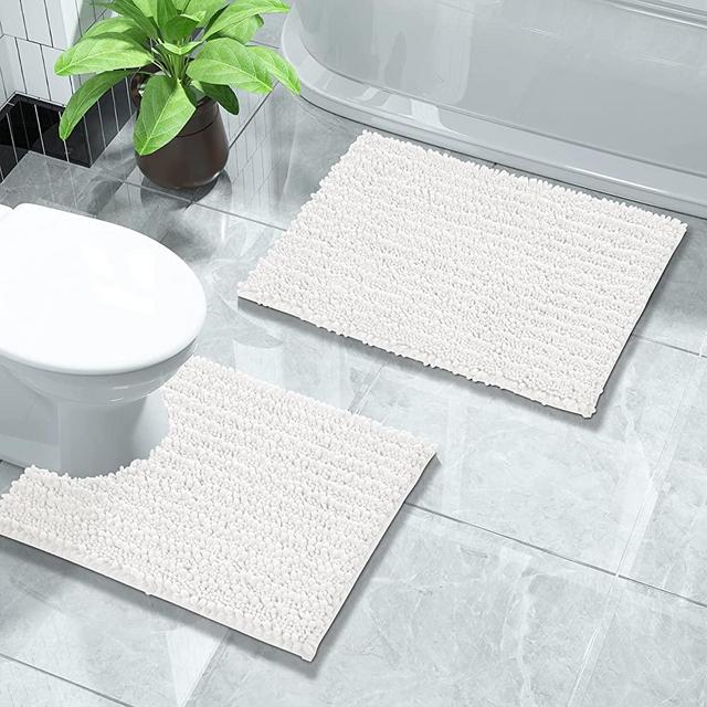 Yimobra Bathroom Rugs Sets 2 Piece, Luxury Fluffy Chenille Toilet Rugs U Shaped for Bathroom, Soft Comfortable Non Slip Bath Rug Mat, Machine Washable, 31.5x19.8+24.4x20.4 Inches, White