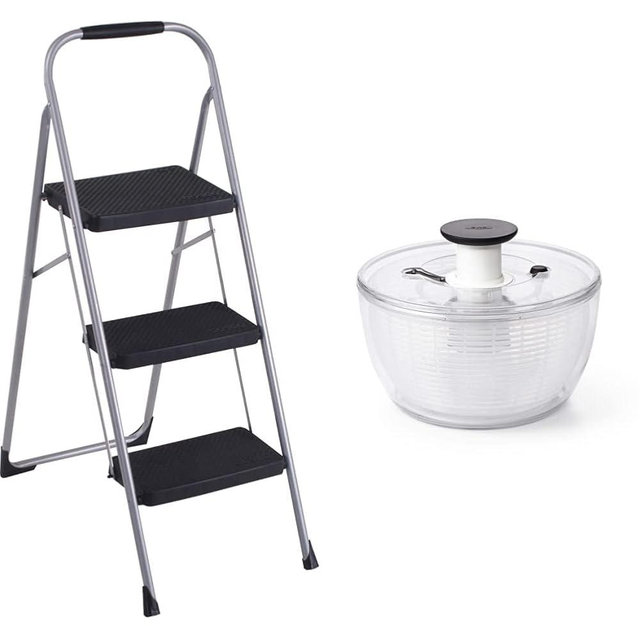Cosco 11408PBL1E Three Big Folding Step Stool with Rubber Hand Grip, Platinum and OXO Good Grips Large Salad Spinner
