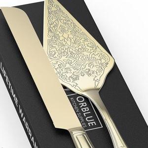 Orblue Wedding Cake Knife and Server Set - Premium, Beautifully Engraved Cutting Set - Elegant Keepsake for Newlyweds - Light Gold