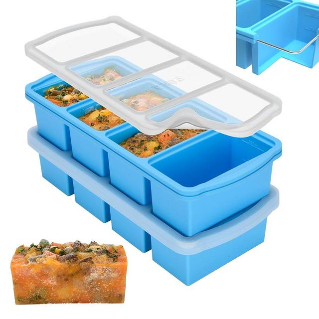 Zip Standing Silicone Freezer Trays with Lid,1-cup Soup Freezer Container large Ice Cube Molds with Reinforced Steel Ring Top for freezing Soup Sauce Broth Leftovers oven Dishwasher -Safe(2-Pack)