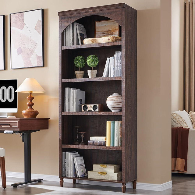 IFGET 76" Tall Arched Bookcase, Farmhouse 5 Tiers Large Arched Bookshelf Cabinet with Adjustable Shelves, Modern Wooden Book Shelf w/Storage and Open Display Shelves for Living Room, Office-Brown