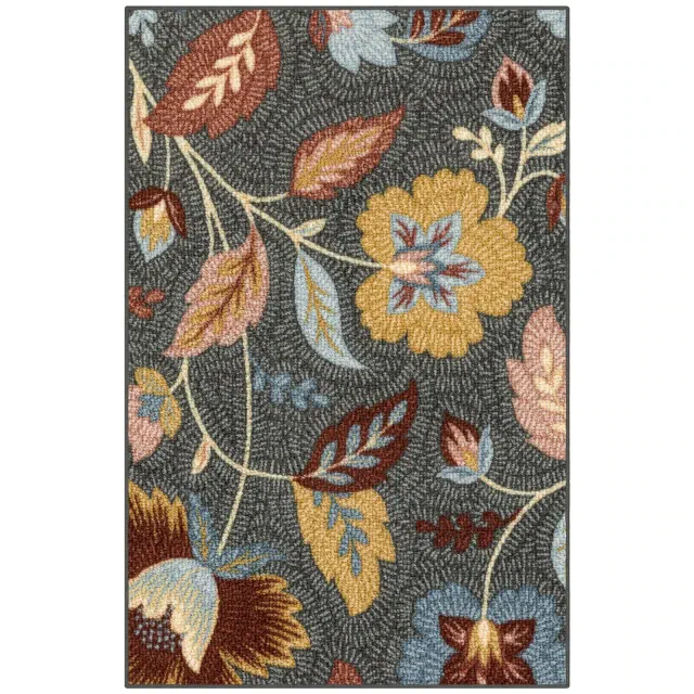 Maples 2'x3' Washable Garden Floral Accent Rug Gray: Traditional Tufted Indoor Botanical Design, Skid-Resistant