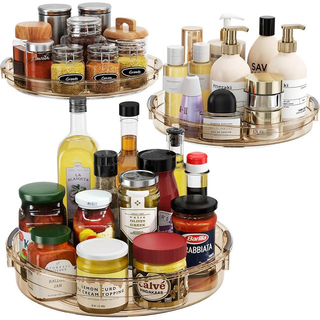 LAMU 3 Pack Lazy Susan Organizer Turntable for Cabinet, Condiment Organizer for Kitchen Pantry Organizers and Storage, Table Top, Fridge, Countertop, Spice Organization, 12'' 10.6'' 9.25'', Amber