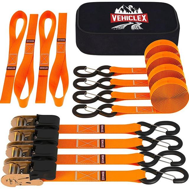 Vehiclex Ratchet Tie Down Straps – 15 Ft Long - Upgraded 2200 lb Break Strength – 4 Pk Orange Premium Heavy Duty Cargo Straps & Soft Loops, Vinyl Coated Full Bent Closed S-Hook & Rubber Handle