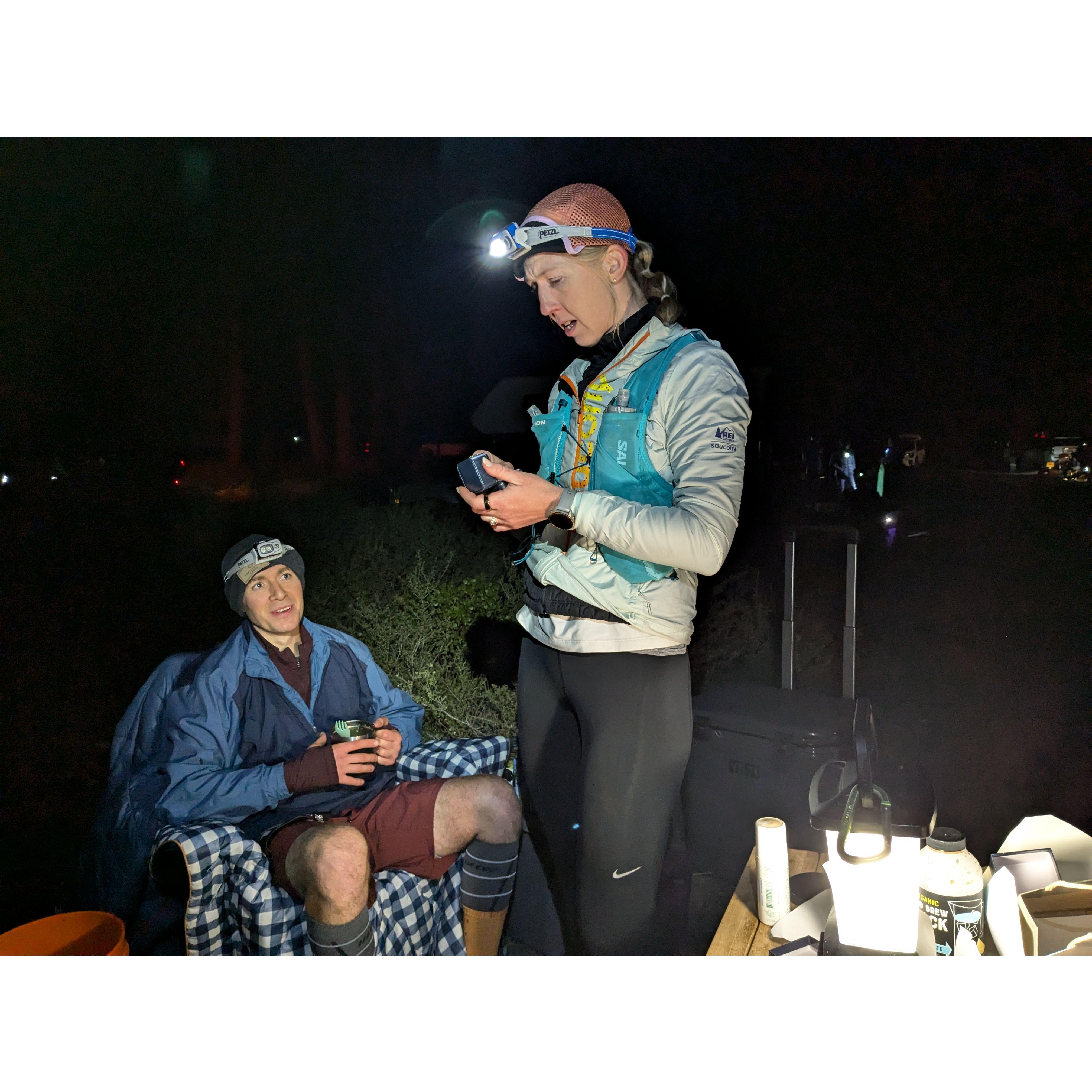 3AM - Aid Station 10 ("1514") - Mile Marker 73.8. Had proposed on the trail earlier in the day at Sunset around 8PM & 20 miles back. Now realizing he proposed with a fake ring. Seeing the real one.