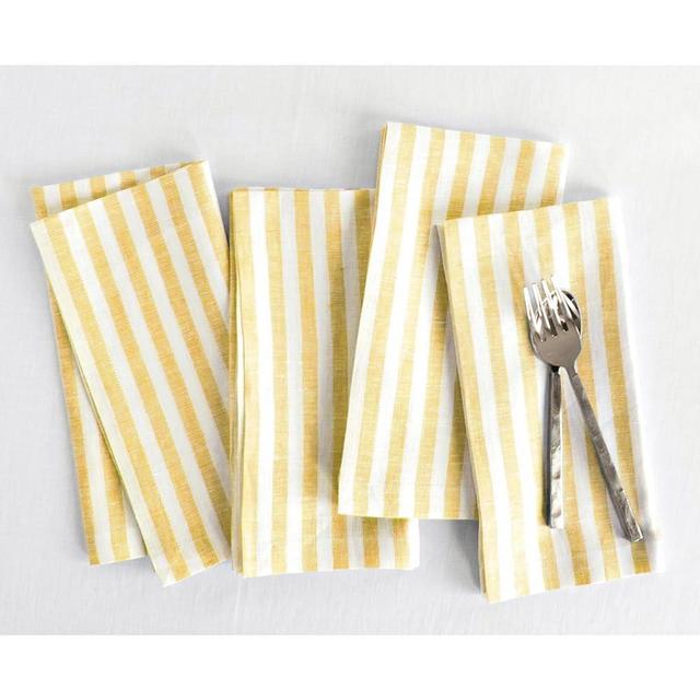 Solino Home Linen Cloth Napkins Set of 4 - Primrose Yellow and White, 100% Pure Linen Easter Dinner Napkins 20 x 20 Inch - Amalfi Stripe, Handcrafted and Machine Washable