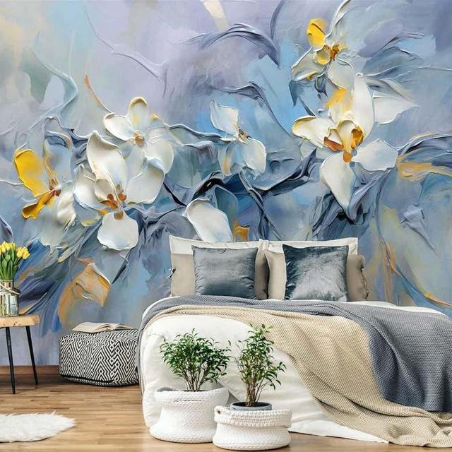 Jdayda Watercolor Relief Floral Wallpaper Mural Flower Wall Murals for Girls Bedroom Living Room (Not Self-Adhesive)
