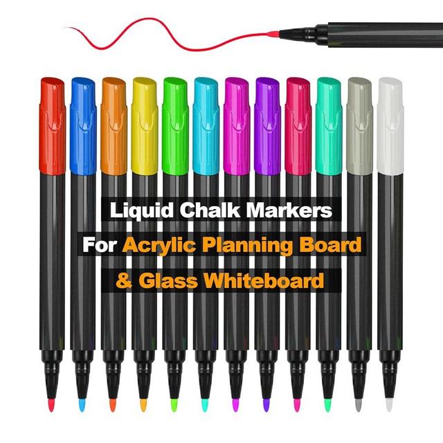 Todkoding Liquid Chalk Markers for Acrylic Fridge Calendar Dry Erase Markers, Wet Erase Pens Set of 12Colors apply to Glass, Labels, Whiteboards Dry Erase Acrylic and Glass Boards