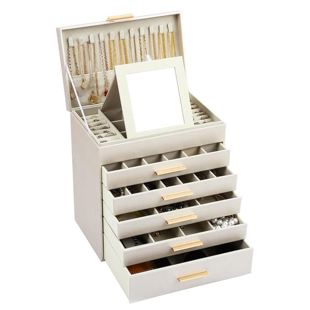 BOOVO Jewelry Boxes for Women, White and Black 6 Layer Large Jewelry Box for Necklace, Bracelet, Earrings, Rings Storage, Jewelry holder Organizer for Girls Gift (Champagne, 6 layer)