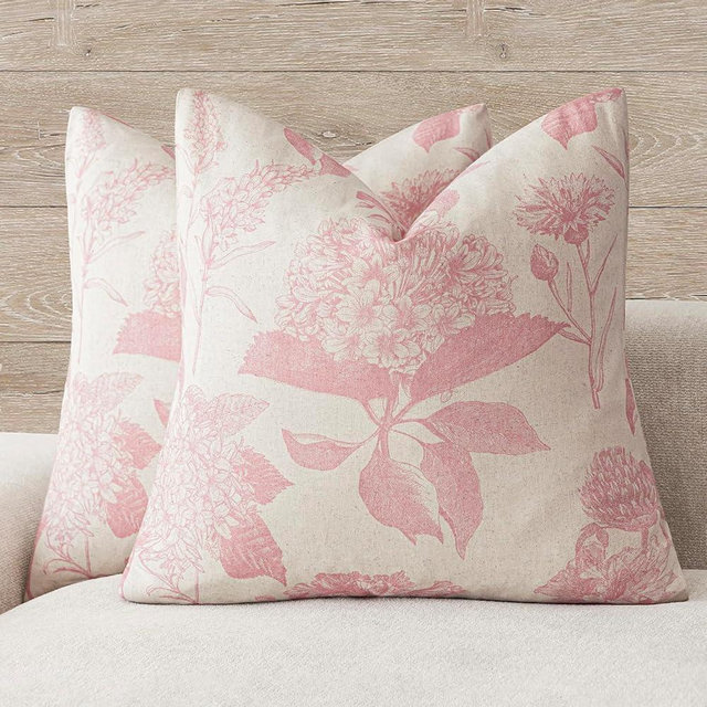 Foindtower Set of 2 Linen Floral Throw Pillow Covers Neutral Vintage Print Decorative Cozy Cushion Covers Farmhouse Boho Home Decor for Sofa Chair Couch Bedroom Living Room,22×22 Inch,Light Pink