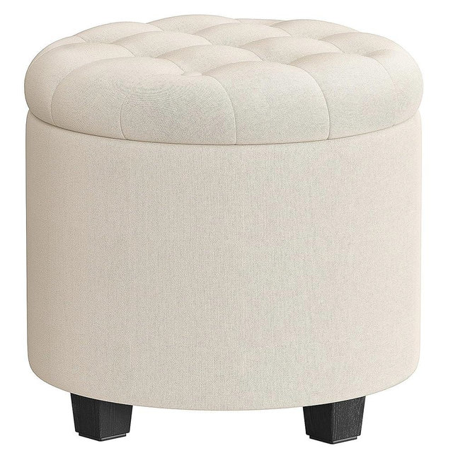 SONGMICS Round Ottoman, Ottoman with Storage, 17.7 x 17.7 x 17.5 Inches, Foot Rest with Legs, Linen-Look Fabric, Load up to 330 lb, for Living Room, Bedroom, Light Beige ULOM011W01