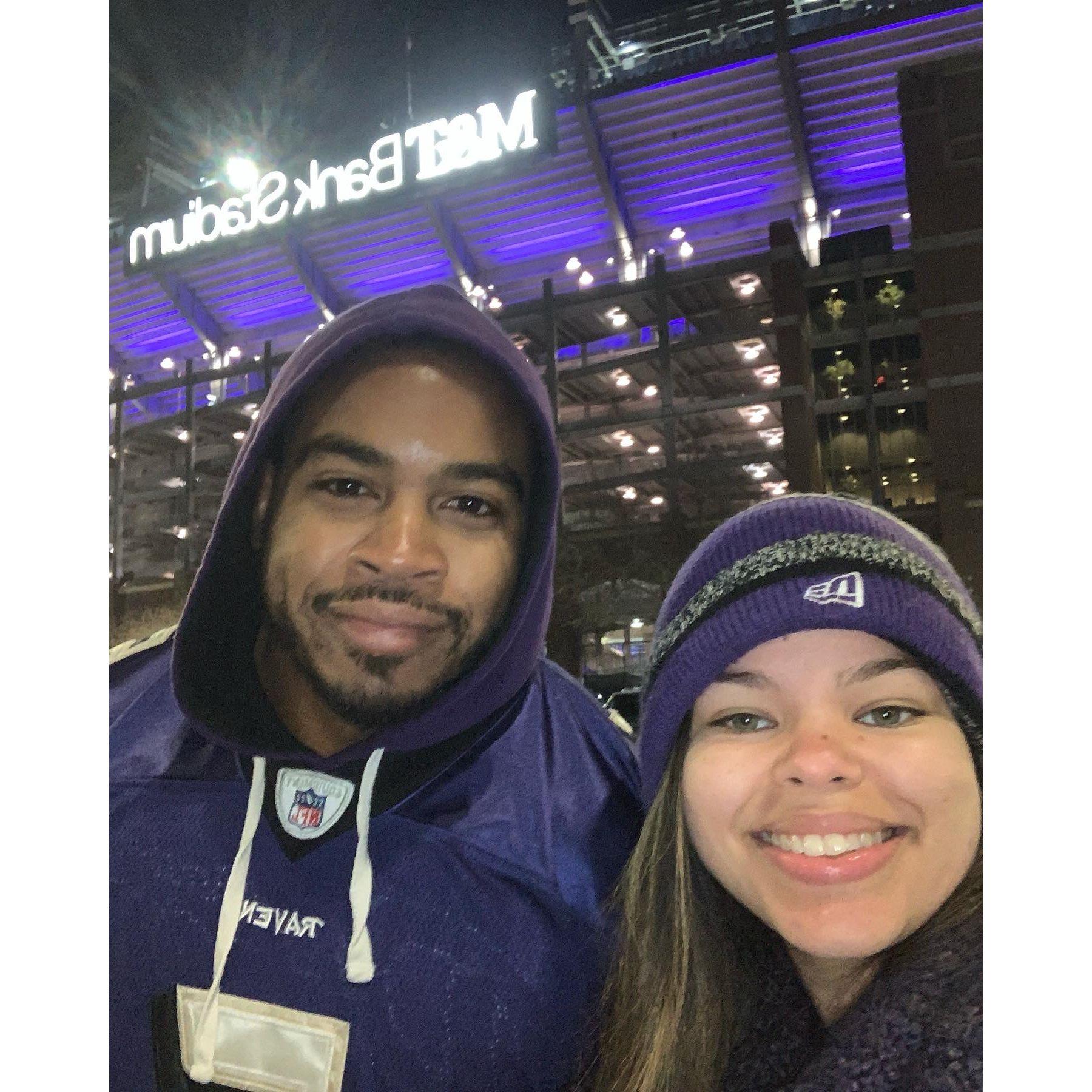 My first football game! He was upset about the traffic, but the experience was really fun! I don't like loud noises but he gave me headphones and a hat to drown out the screaming men. What a man <3