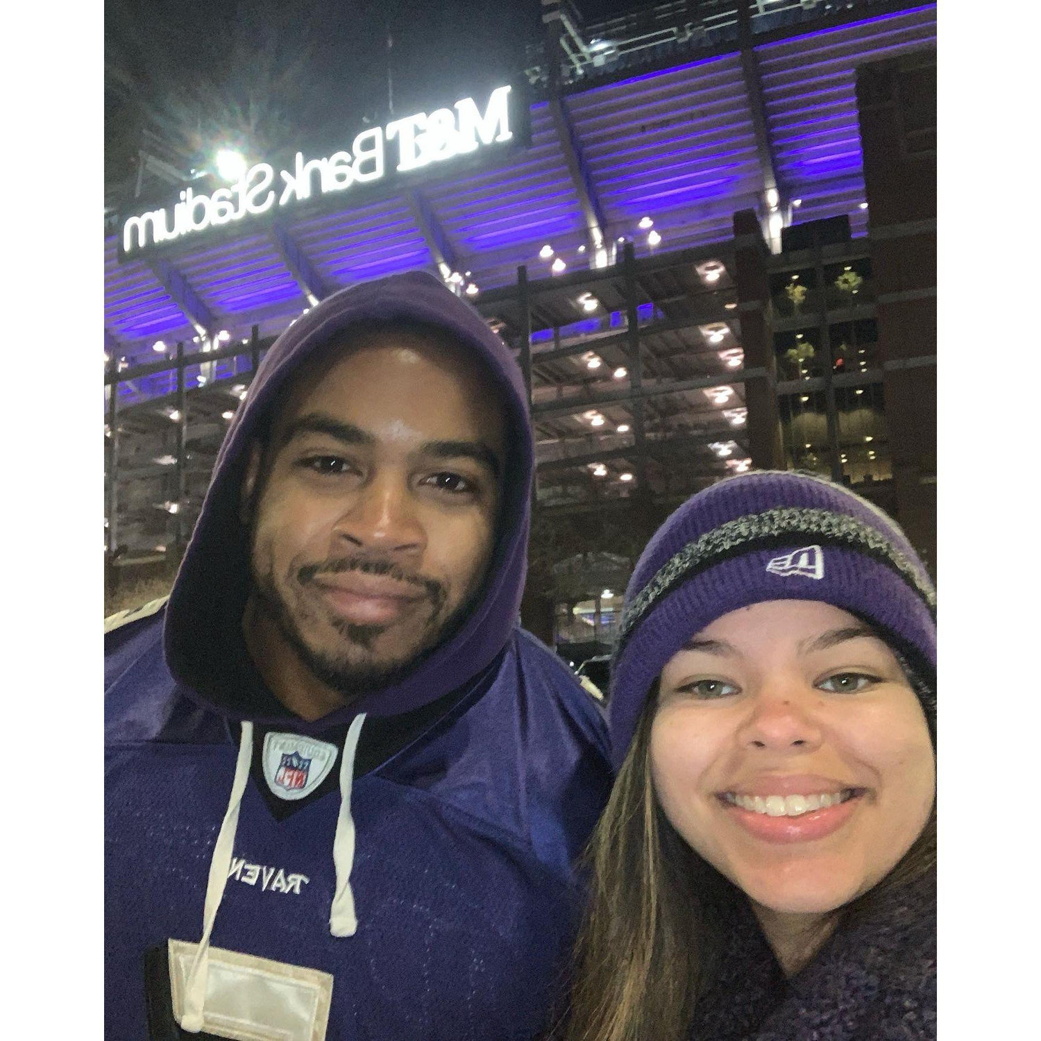 My first football game! He was upset about the traffic, but the experience was really fun! I don't like loud noises but he gave me headphones and a hat to drown out the screaming men. What a man <3
