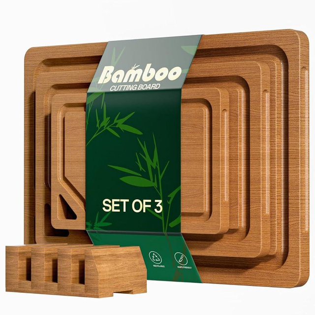 Bamboo Cutting Board Set with Holder，3 Packs Wood cutting boards with Non-Slip Rubber Padding, Deep Juice Grooves & Built-in Handles, Bamboo Chopping Boards Set for Meat, Vegetables and Fruits