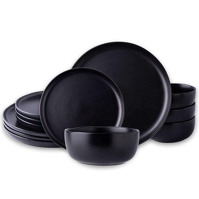 AmorArc Ceramic Dinnerware Sets,Wavy Rim Stoneware Plates and Bowls Sets,Highly Chip and Crack Resistant | Dishwasher & Microwave Safe Dishes set,Service for 4 (12pc)