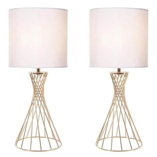 Popity home Gold Table Lamp Set of 2, Modern Bedside Lamp for Nightstand, Small lamp for Bedroom, Metal Geometric Hollow Out Base with White Fabric Shade
