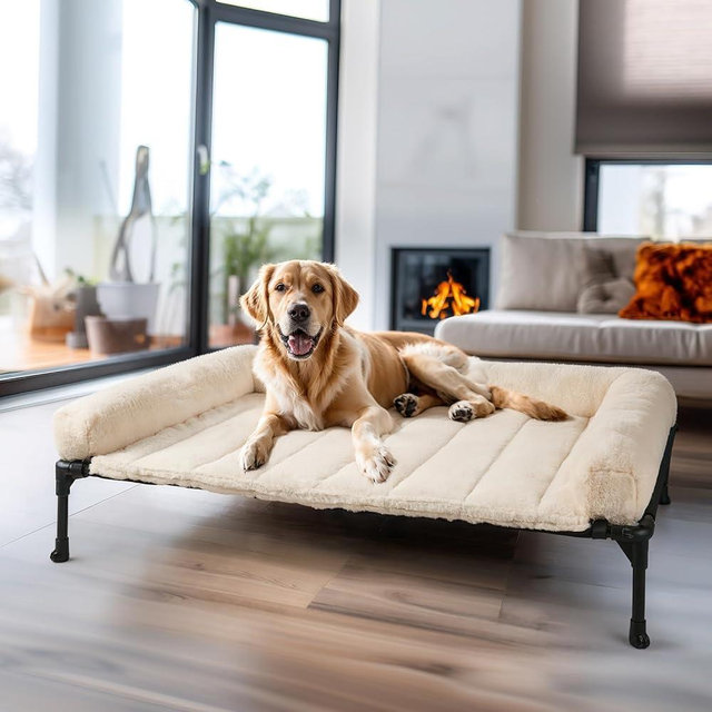 Veehoo Cooling Elevated Dog Bed + Removable Fluffy Plush Pillow Cushion, Raised Dog Bed with Washable Bolster Mat, Breathable Teslin Mesh, No-Slip Feet, 42" x 30" Dog Couch Bed, White, CWC2331E