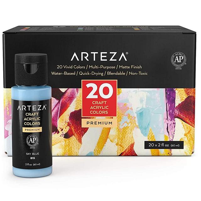 ARTEZA Craft Acrylic Paint, Set of 20 Colors, 2oz/60 ml Bottles, Water-Based, Matte Finish Paints, Art Supplies for Art & DIY Projects on Glass, Wood, Ceramics, Fabrics, Leather, Paper & Canvas