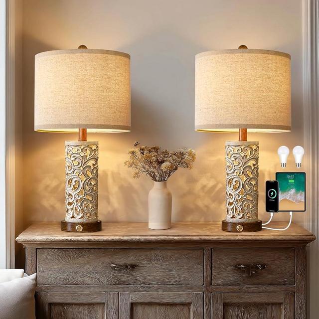 Gormena 22" Dual Light Table Lamps Set of 2 for Living Room, Touch Lamp with 3-Level Dimming, USB A+C Table Lamp for Bedroom, Farmhouse Lamps for Night Stands(Brown, Bulb Included)