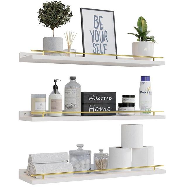 WOPITUES Floating Shelves 24 inch with Gold Metal Guardrail, Shelves for Wall Decor Set of 3, Wall Shelves for Bedroom, Bathroom, Kitchen, Living Room, Plants, Picture Frames, Art- White and Gold