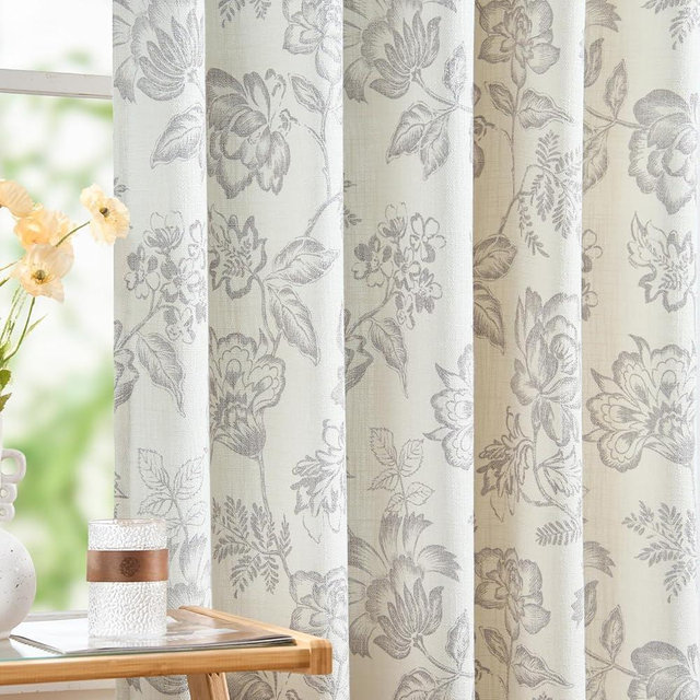 jinchan Floral Curtains Burlap Look Curtain 84 Inch Long Faux Linen Taupe Flower Patterned Drapes for Living Room Light Filtering Farmhouse Curtain Rod Pocket Window Curtains for Bedroom 2 Panels
