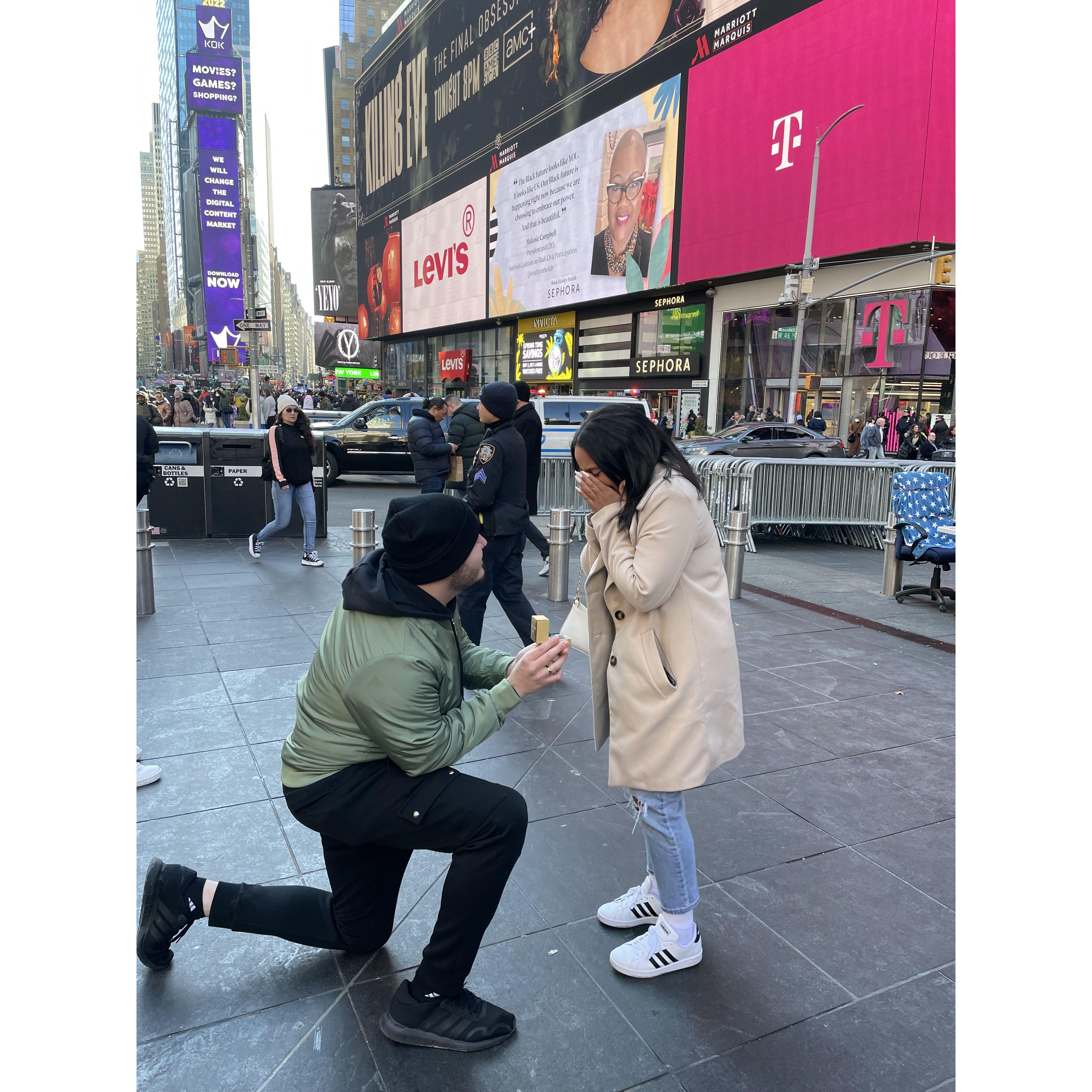 Alex popped the question during a trip to NYC with their good friends Eric and Vanessa. Though Eric and Vanessa were in on it, they all did a great job of hiding it because Leyah had no idea!