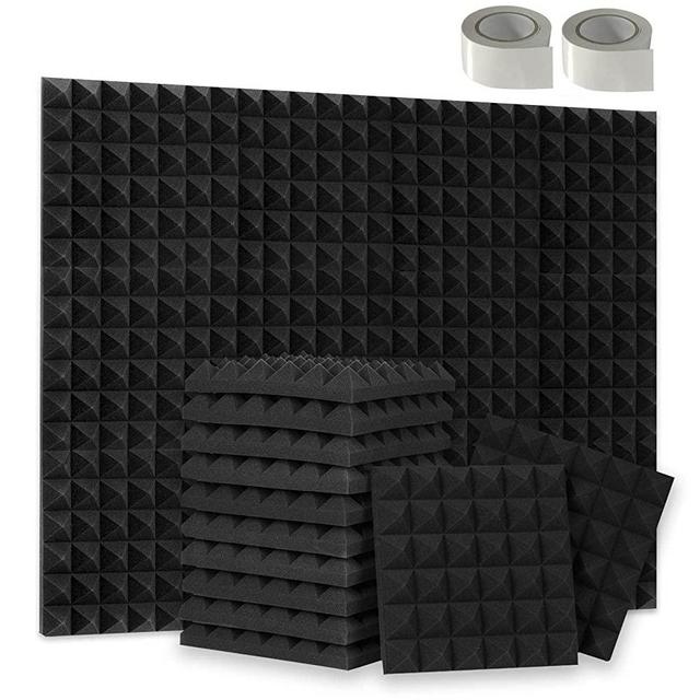 24 Pack-12 x 12 x 2 Inches Pyramid Designed Acoustic Foam Panels, High Density Black Acoustic Panels for Wall and Ceiling, Fire Proof Studio Foam with Double Side Adhesive Tape Included
