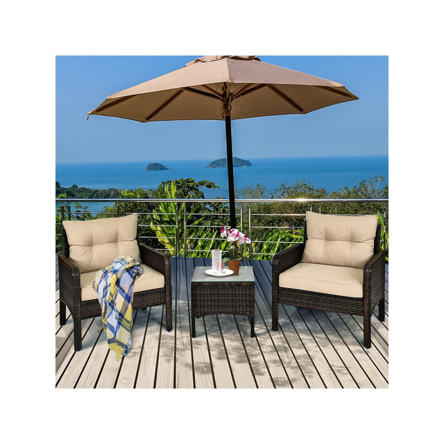 Costway 3PCS Outdoor Rattan Conversation Set Patio Garden Furniture Cushioned Sofa Chair